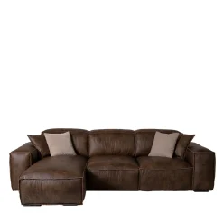 Divano Placido in Pelle Marrone a 3 Posti con Chaise Longue