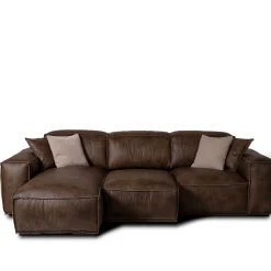 Divano Placido in Pelle Marrone a 3 Posti con Chaise Longue