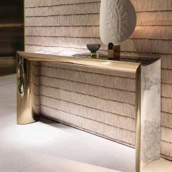 Ekos Consolle in Metallo Dorato Lucido con Piano in Marmo Bianco