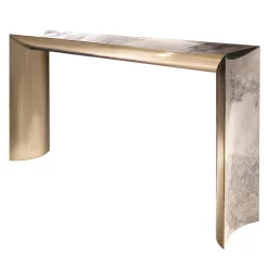 Ekos Consolle in Metallo Dorato Lucido con Piano in Marmo Bianco