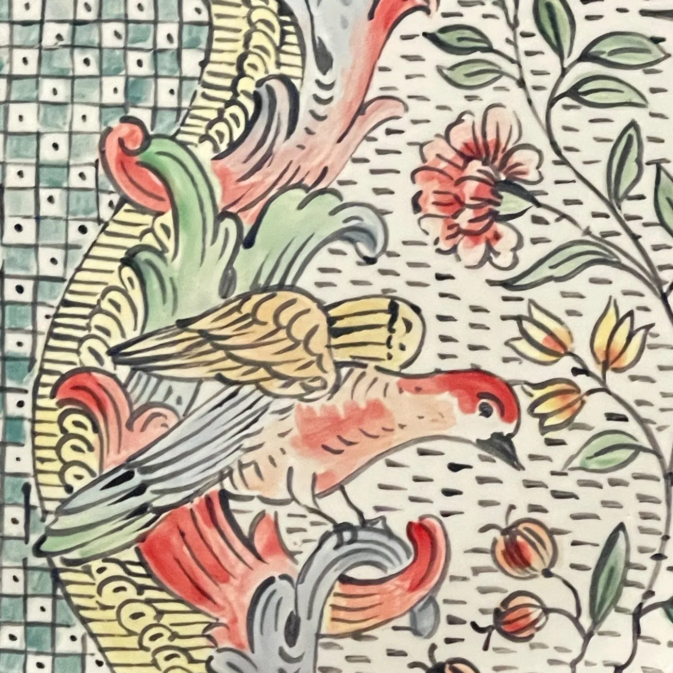 Frammento N.7 Piatto Decorativo con Motivi Floreali e di Uccelli