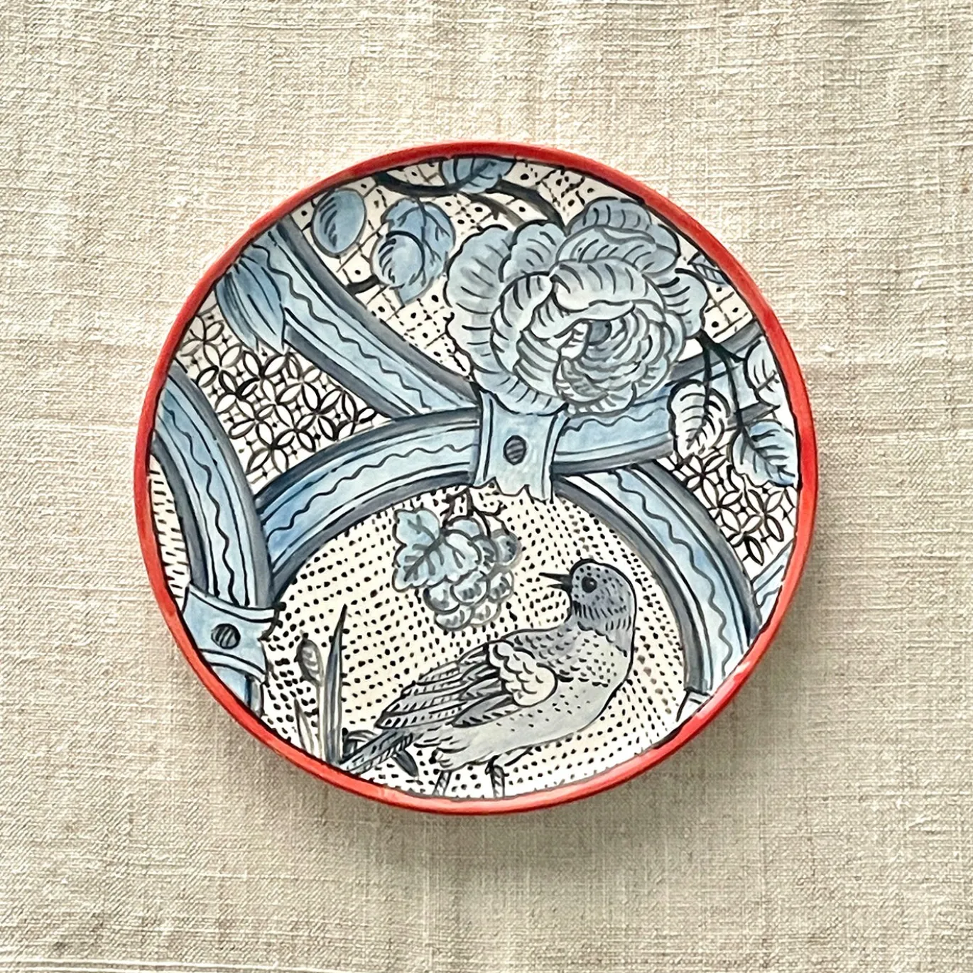 Frammento N.5 Piatto Decorativo in Ceramica Azzurro con Uccelli
