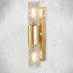 Lampada a parete in ottone placcato oro e cristalloa 2 luci Crystal Tube