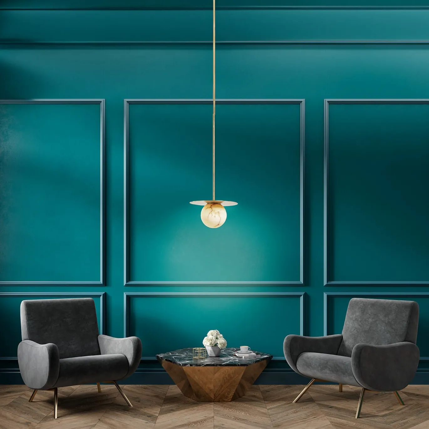 Lampada a sospensione Alabaster Mini Moon in ottone satinato