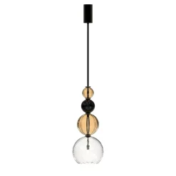 Lampada a sospensione Caruso a 1 luce in vetro di Murano color Fumè, cristallo trasparente e nero