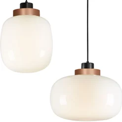 Lampada a sospensione Legier Media in vetro opalino bianco con dettaglio in bronzo