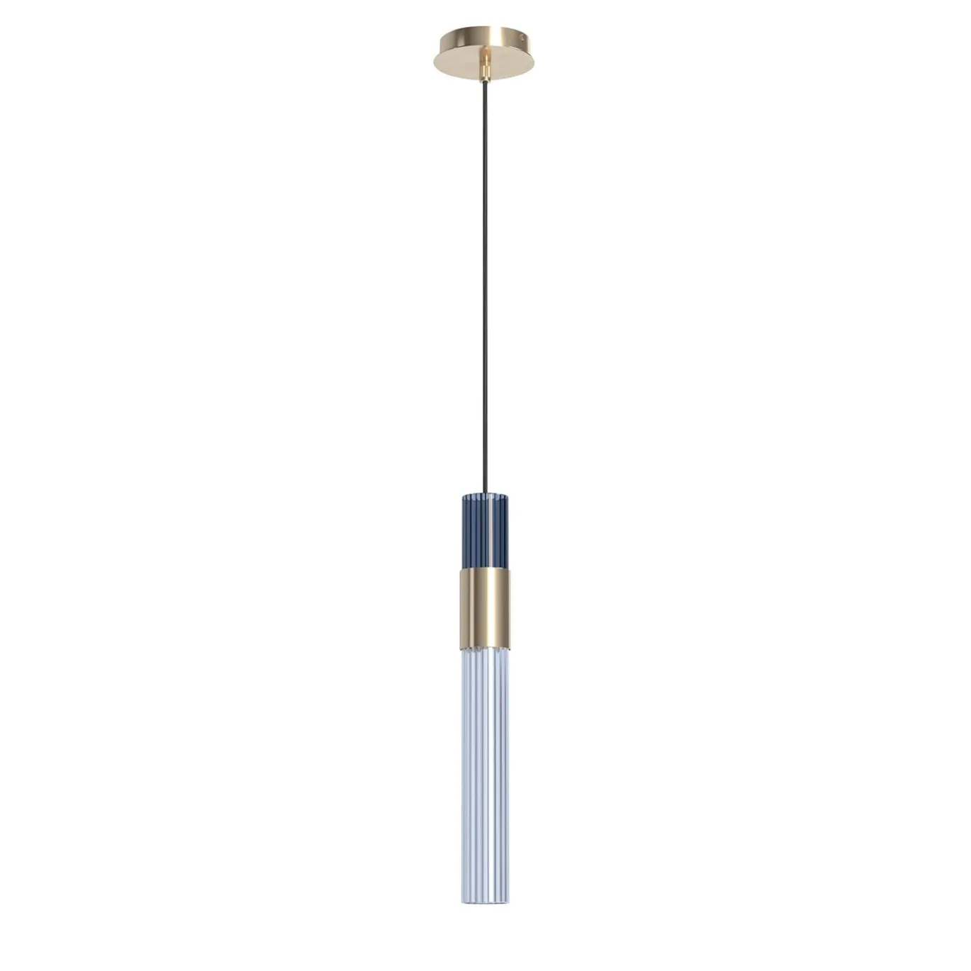 Lampada a sospensione mini Sbàrlusc in vetro indaco fumé e ottone champagne di Isacco Brioschi