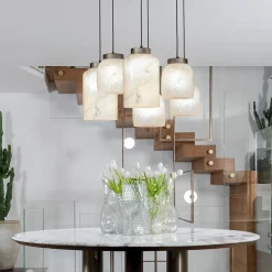 Lampada a sospensione Ramses grande in vetro bianco marmorizzato