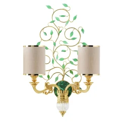 Lampada da muro doppia Foliage in bronzo dorato con foglie in cristallo verde