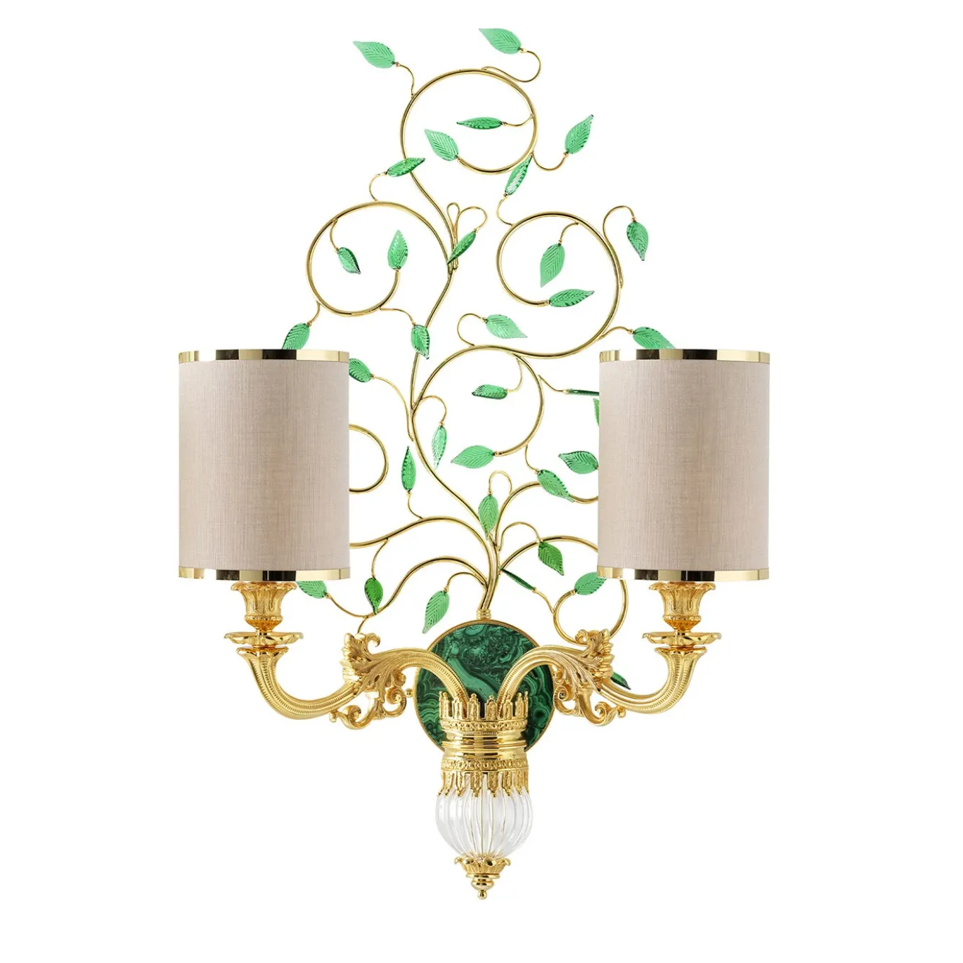 Lampada da muro doppia Foliage in bronzo dorato con foglie in cristallo verde