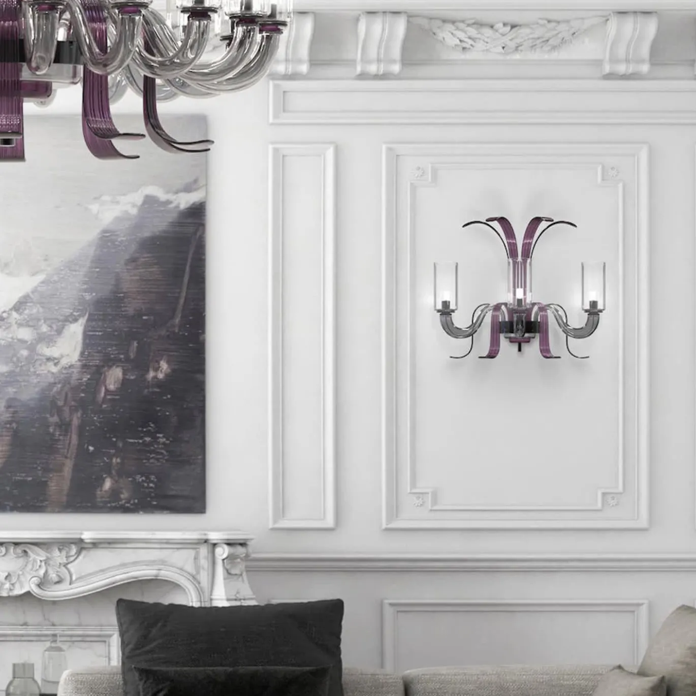 Lampada da parete Leonardo a 3 luci in vetro di Murano color grigio e viola