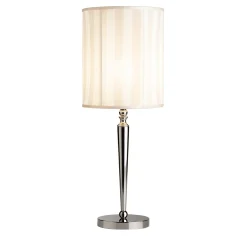 Lampada Da Tavolo Alta In Metallo Con Paralume In Tessuto Bianco E Finitura Argento