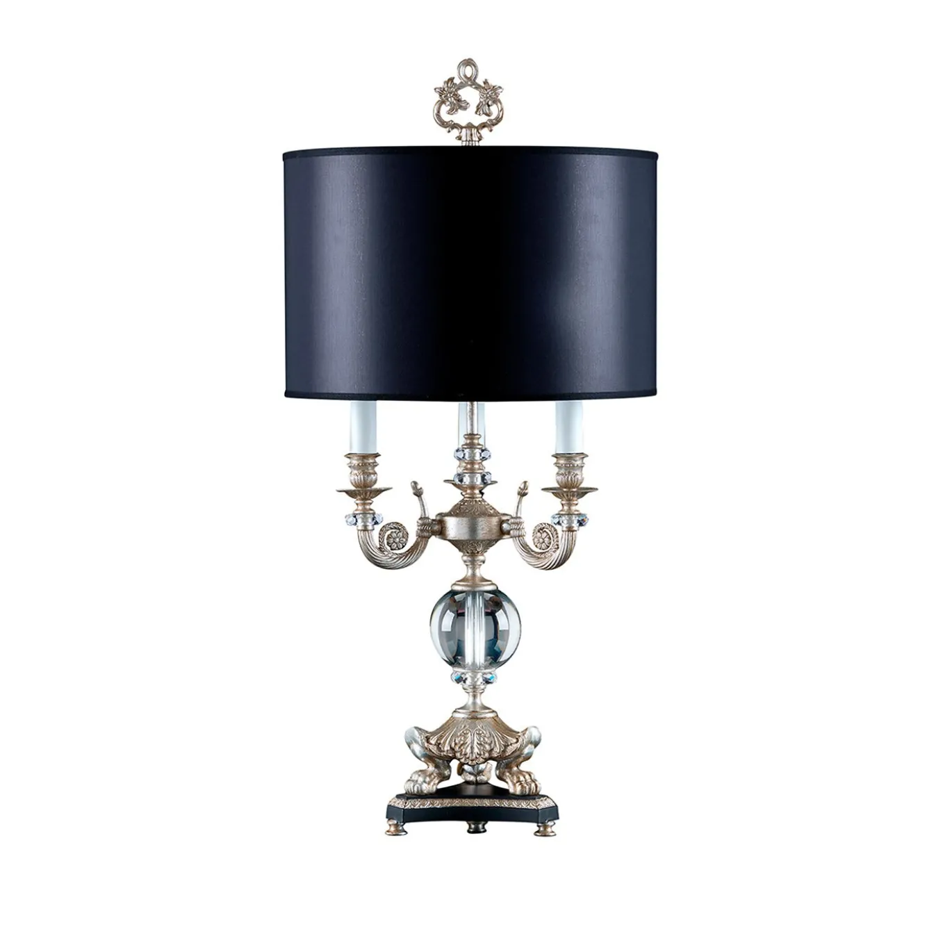 Lampada da tavolo a 3 luci in ottone con foglia d'argento e paralume nero