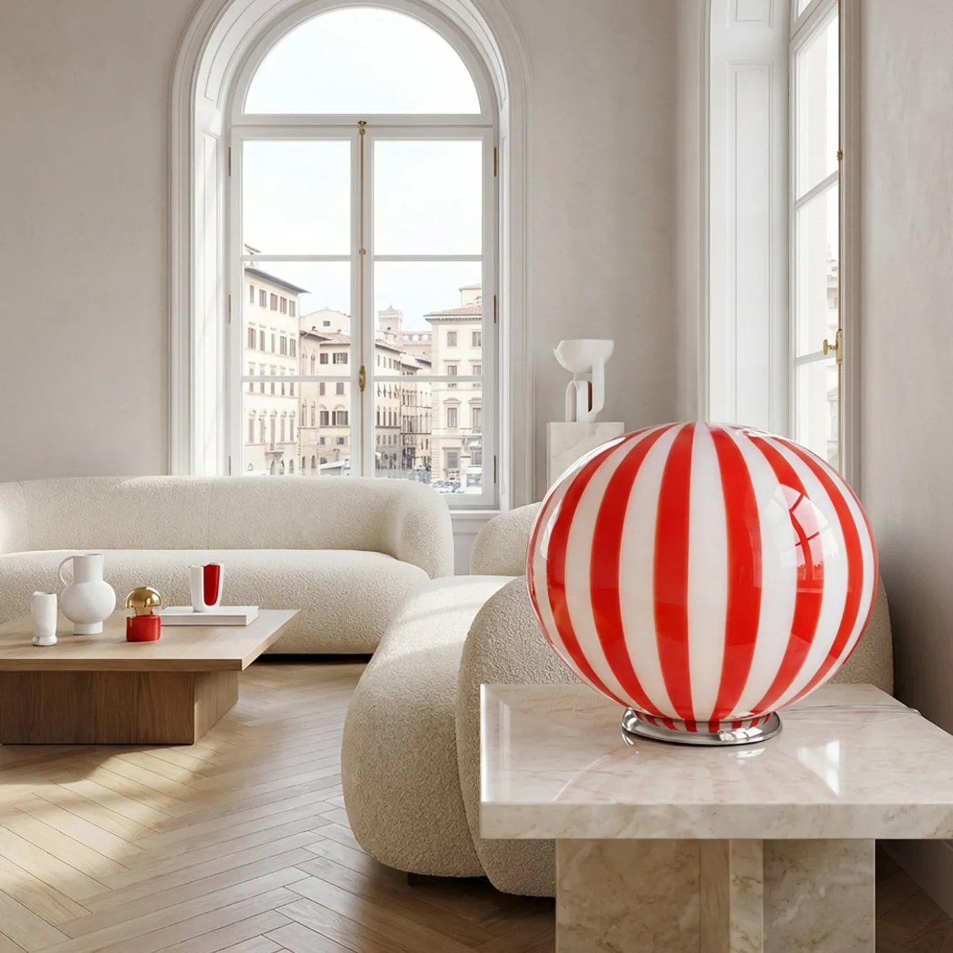 Lampada da tavolo Candy in vetro di Murano Straight Canne rosso e bianco