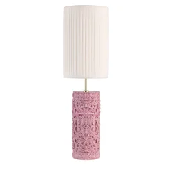 Lampada da tavolo cilindrica Lume Barocco in ceramica rosa con paralume bianco