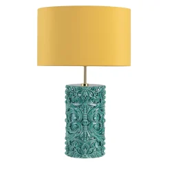 Lampada da tavolo in ceramica verde cilindrica Ramine Lume Barocco con paralume giallo