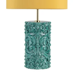 Lampada da tavolo in ceramica verde cilindrica Ramine Lume Barocco con paralume giallo