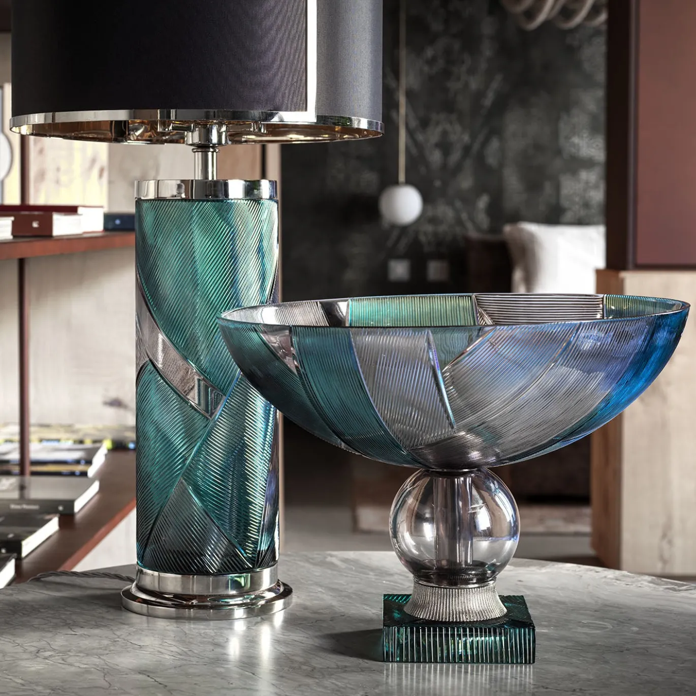 Lampada da tavolo Nautilus in cristallo ottanio e grigio Linea Roma