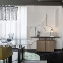 Lampada da tavolo Spaziotempo con sfera di vetro bronzeo e struttura in noce Canaletto grigia