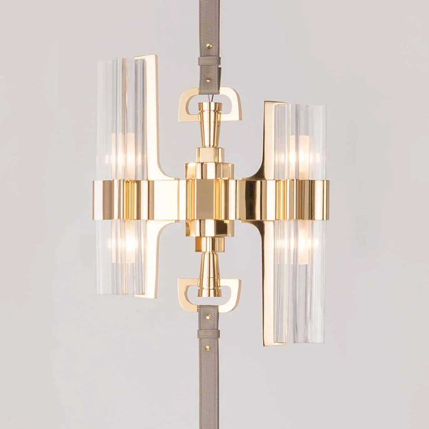 Lampada da terra a soffitto Eterea in metallo dorato e pelle grigia