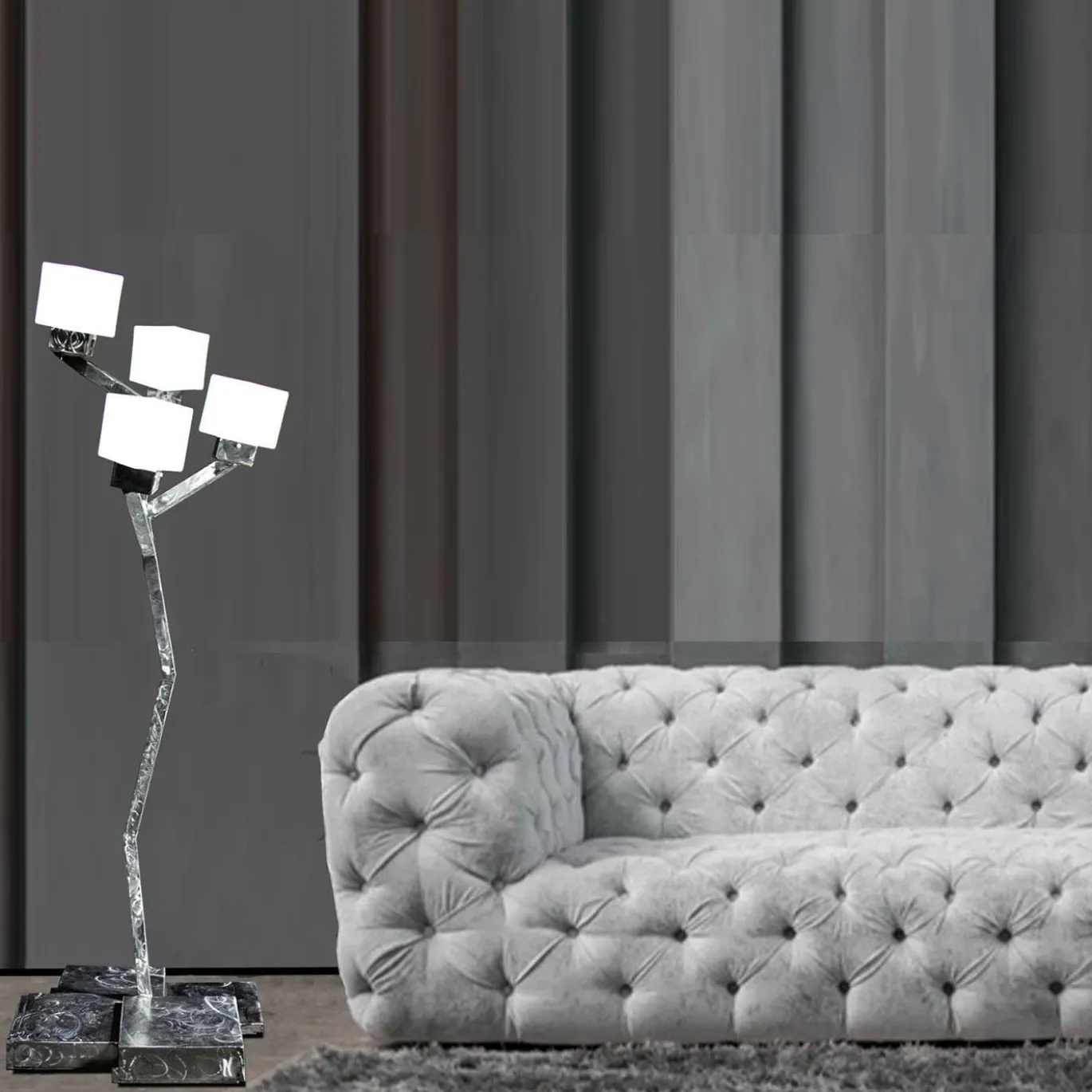 Lampada da terra Cube a 4 luci in ferro spazzolato