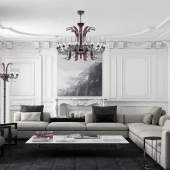 Lampada da terra Leonardo a 10 luci in vetro di Murano color grigio e viola