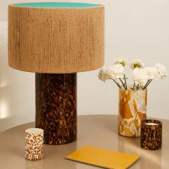Lampada Pillar in vetro di Murano Leopardo con paralume in corda e cotone