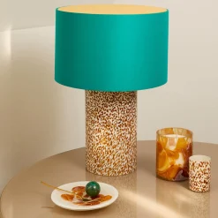 Lampada Pillar in vetro di Murano avorio e ambra con paralume in cotone