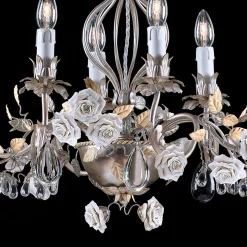 Lampadario a 6 luci in metallo con foglia d'argento e rose in porcellana di Capodimonte