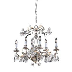 Lampadario a 6 luci in metallo con foglia d'argento e rose in porcellana di Capodimonte