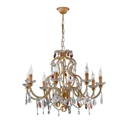 Lampadario a 8 luci in metallo con foglia d'oro anticata e cristallo