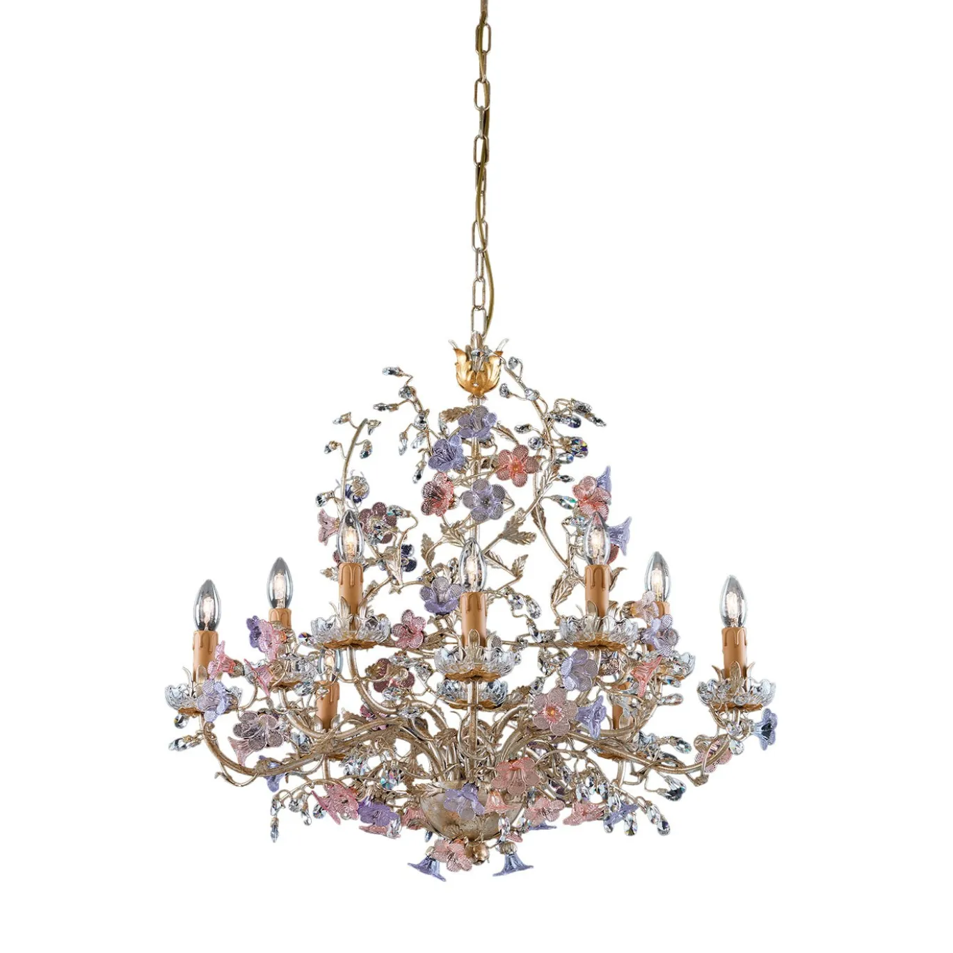 Lampadario a 10 luci in metallo con foglia d'argento e fiori
