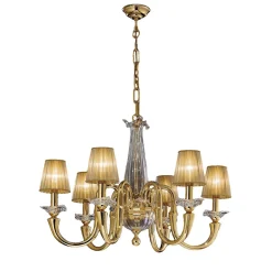 Lampadario a 6 luci in oro e cristallo con paralumi in organza