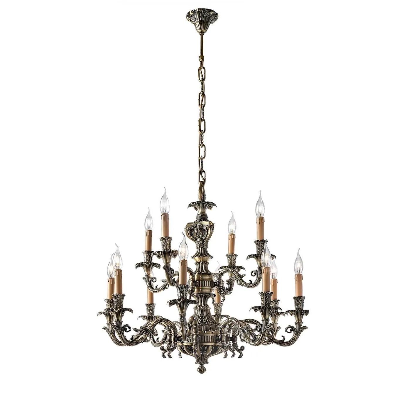Lampadario a 12 luci in ottone antico