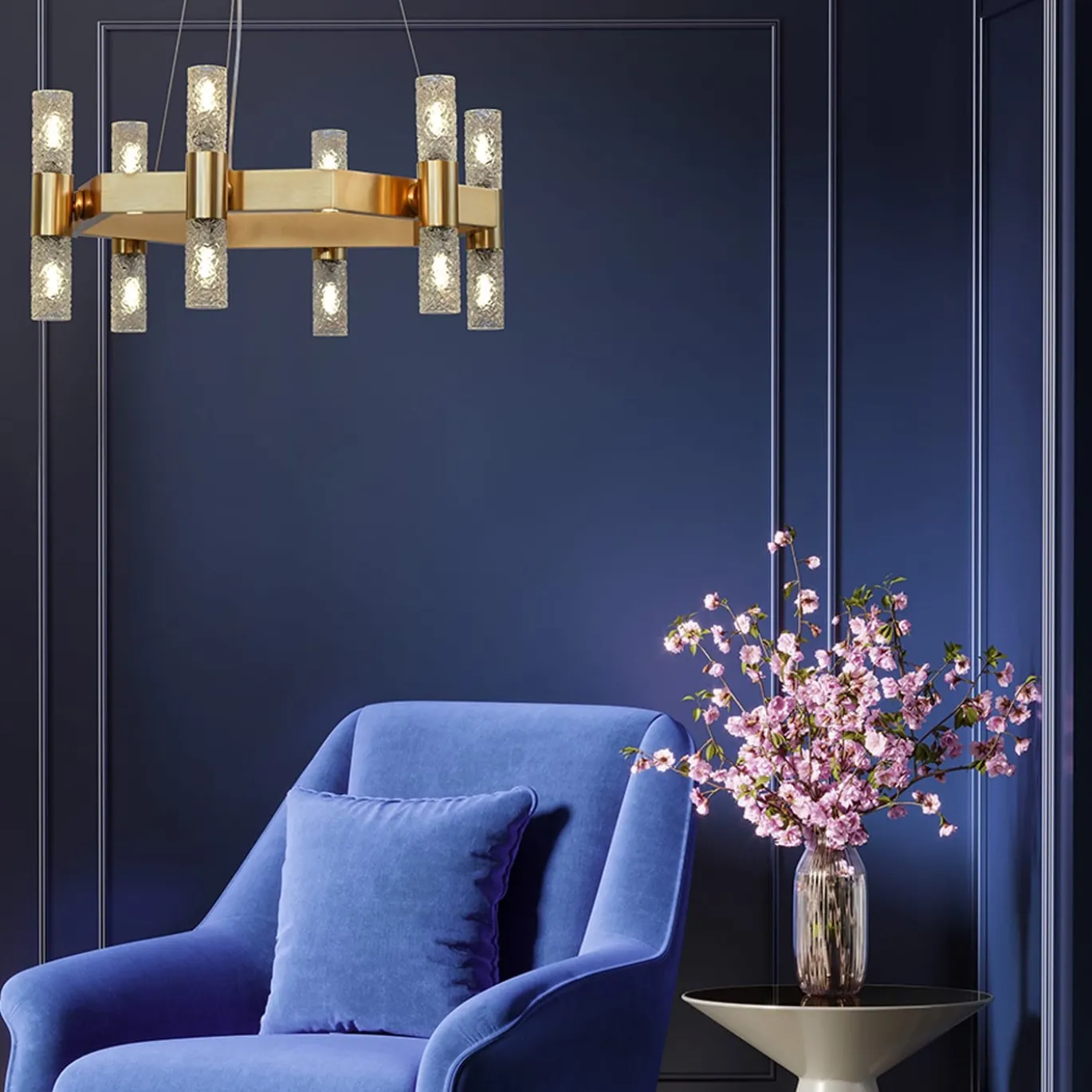 Lampadario a 12 luci in ottone e cristallo Crystal Tube