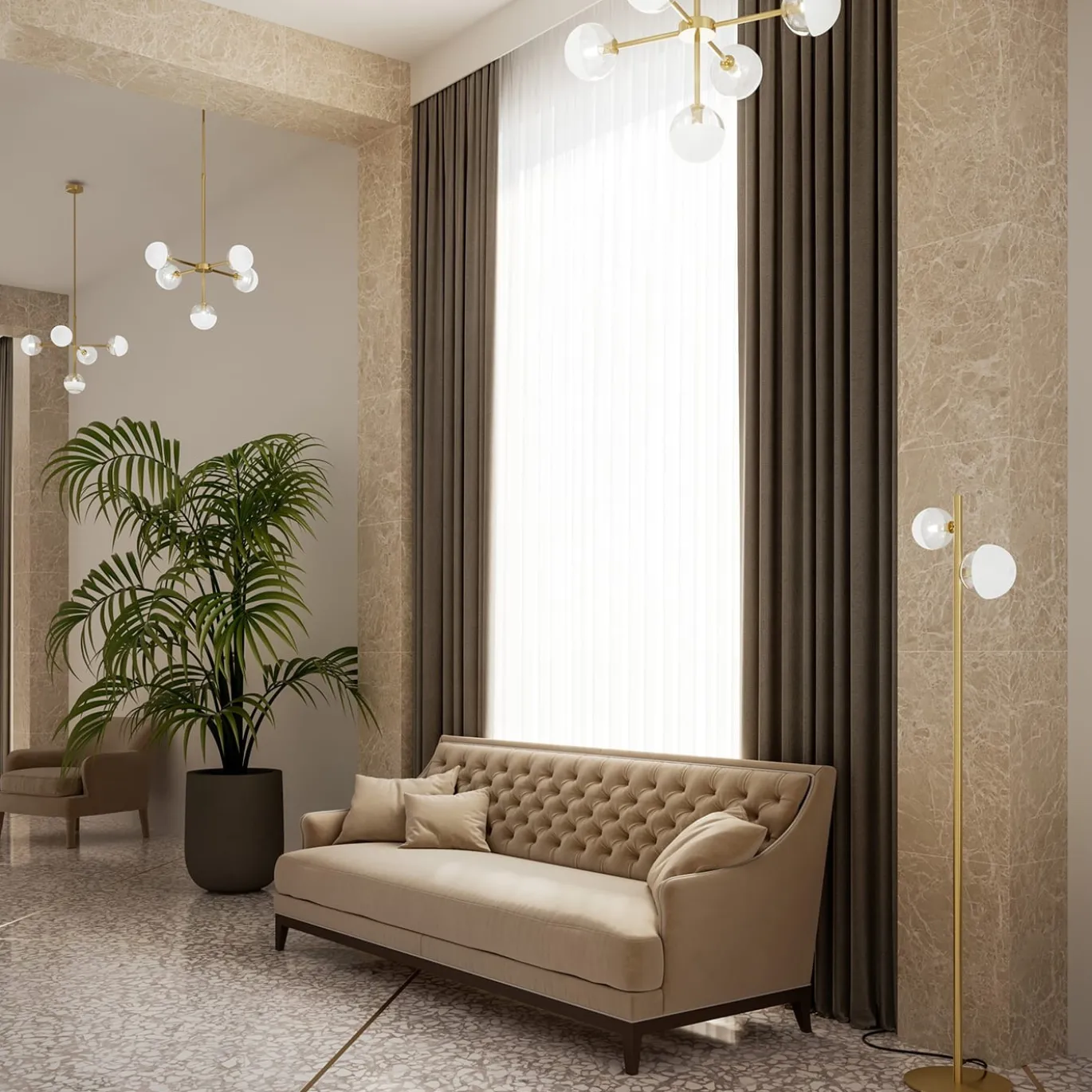Lampadario a 5 luci in ottone naturale Molecola