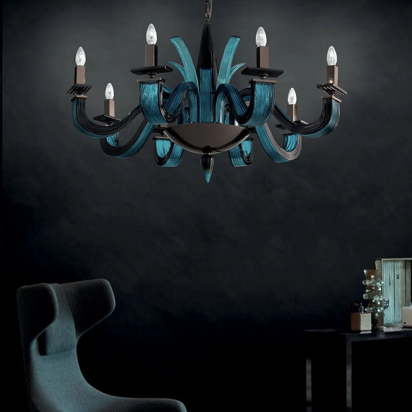 Lampadario Argo nero e acquamarina 8 luci
