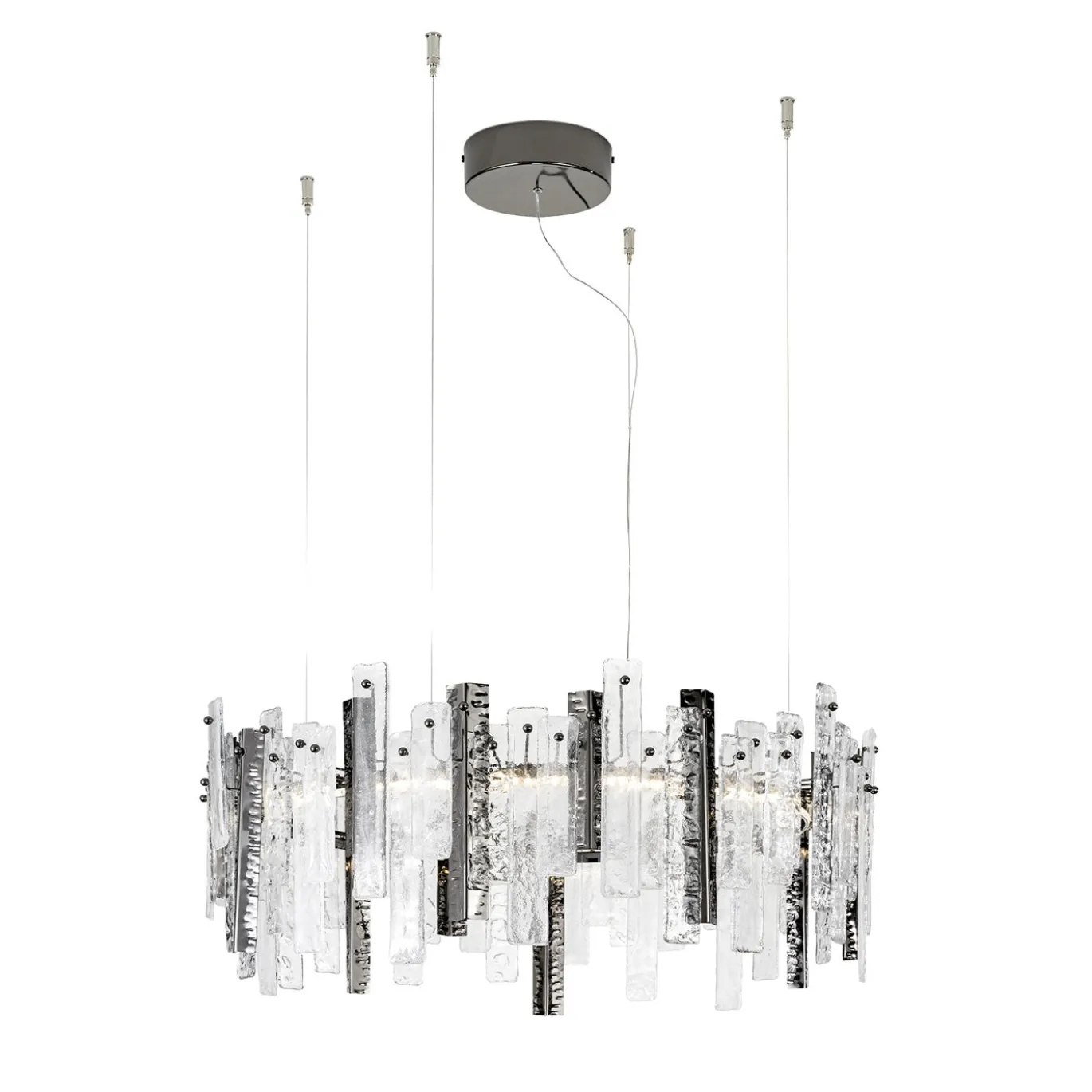 Lampadario Artic con struttura metallica e vetro Pulegoso e Martellato