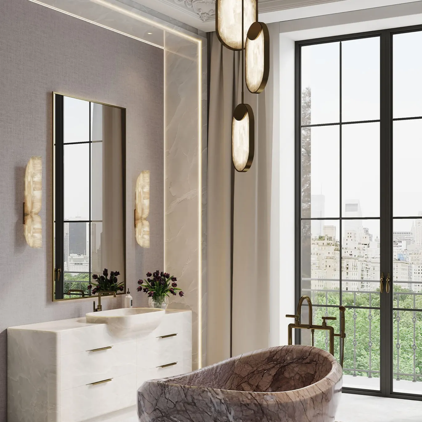Lampadario a Tre Luci Eclisse in Onice di Sheree Stuart Design