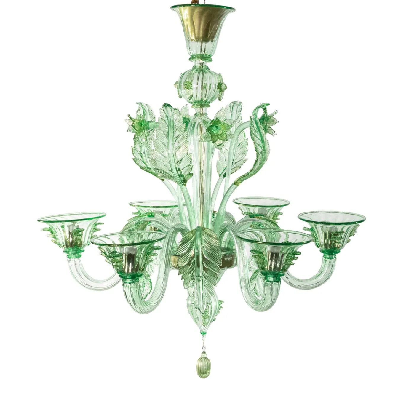 Lampadario Avior in vetro verde con dettagli dorati