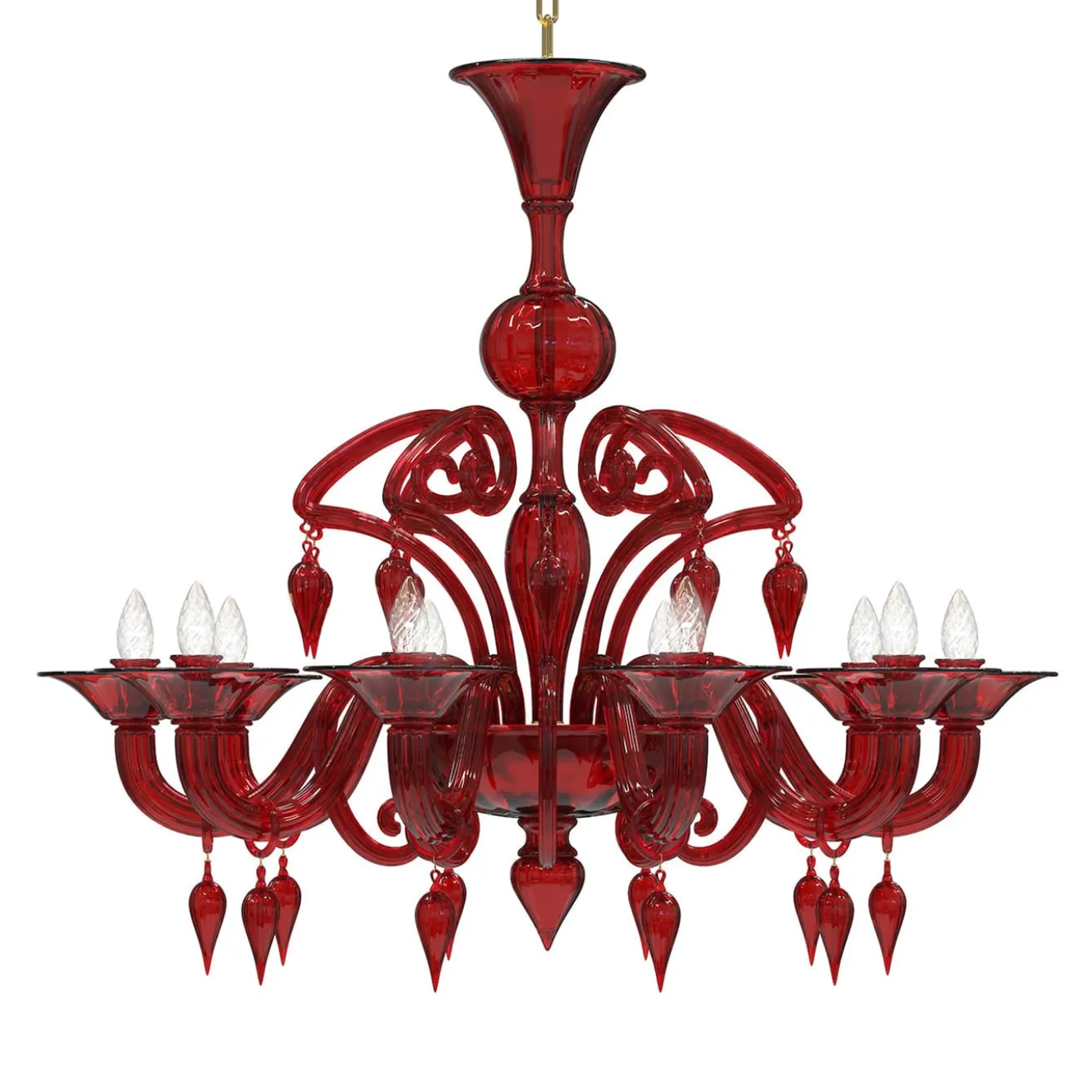 Lampadario Canova a 10 luci in vetro di Murano color rosso