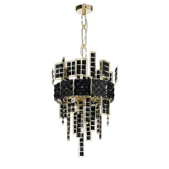 Lampadario Crystalline in cristallo nero e struttura dorata