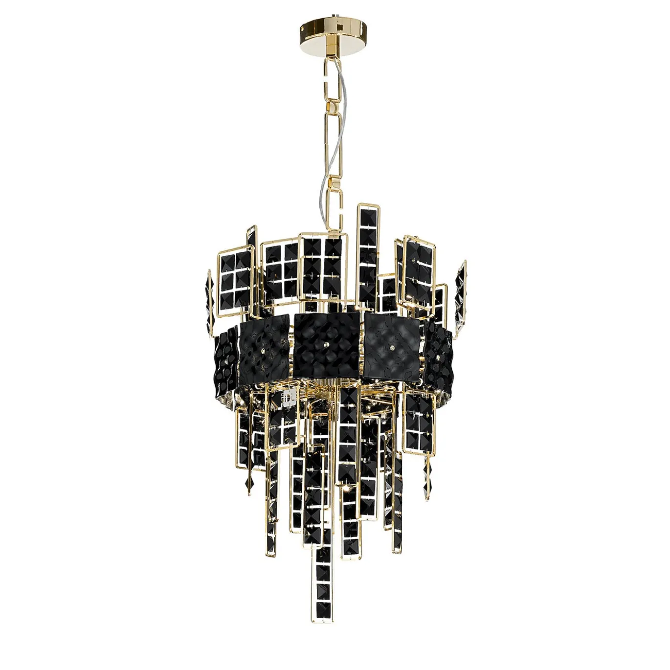 Lampadario Crystalline in cristallo nero e struttura dorata