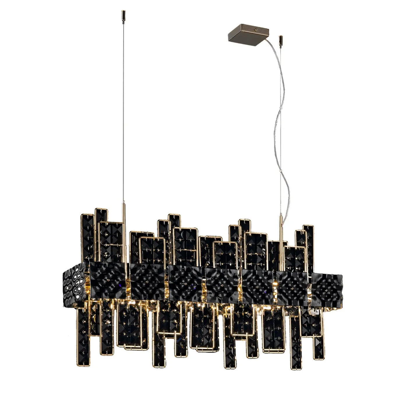 Lampadario Crystalline in cristallo nero con struttura dorata