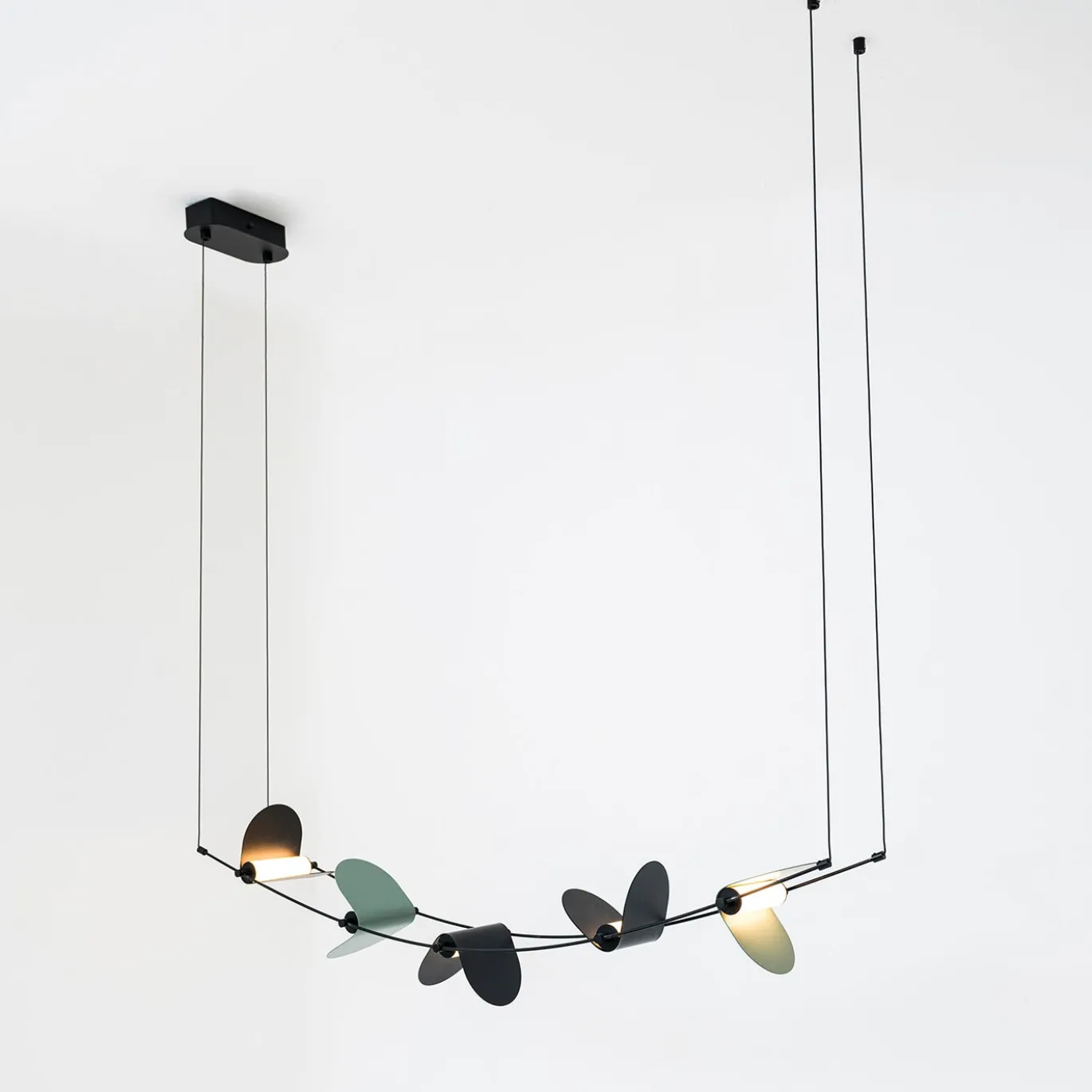Lampadario Curvo Ali di Luce Nero e Verde