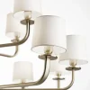 Lampadario Elegante In Metallo Oro Spazzolato E Paralumi In Tessuto Bianco