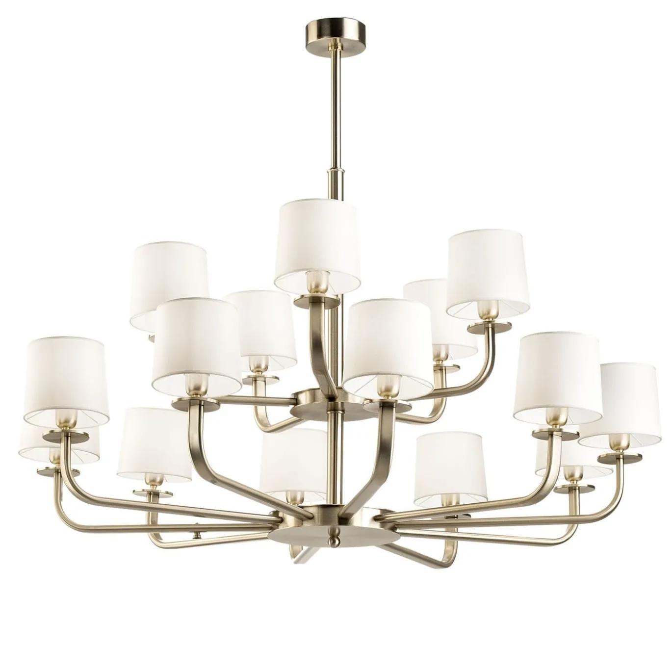 Lampadario Elegante In Metallo Oro Spazzolato E Paralumi In Tessuto Bianco