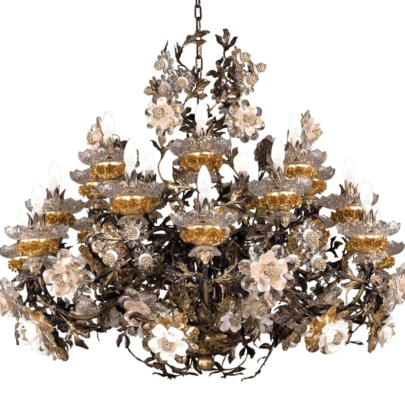 299 Lampadario floreale argentato a 21+7 luci