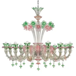 Lampadario floreale in vetro soffiato verde rosa di Calle Montesanto