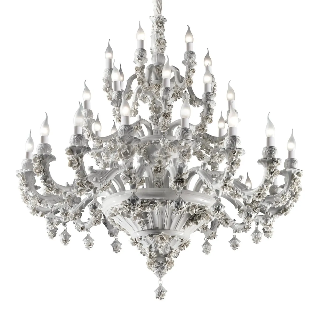 Lampadario Flowery a 36 luci in porcellana bianca